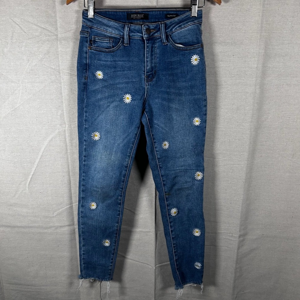 Judy Blue Skinny Fit Daisy Embroidered Raw‎ Hem Jeans Blue Denim 5/27 JB84230